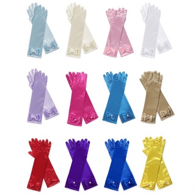 Satijnen handschoenen met strik lichtblauw (30cm) (Prinsessenjurk.nl)