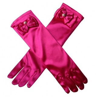 Satijnen handschoenen met strik fuchsia (30cm) (Prinsessenjurk.nl)