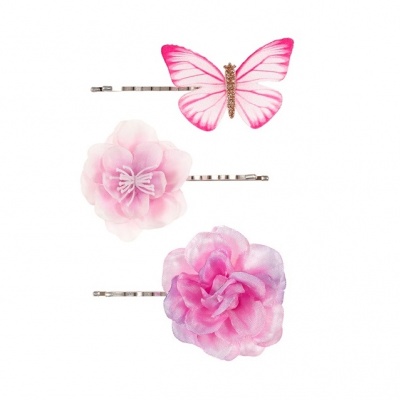 Haarspeldjes vlinder + bloemen Cleo (set van 3) (roze-fuchsia)