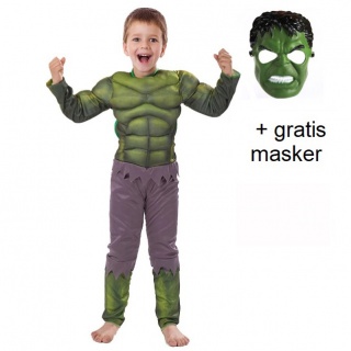 Groen superhelden kostuum met spierballen (Prinsessenjurk.nl)
