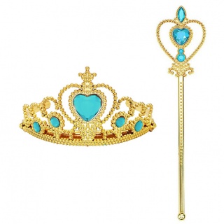 Prinsessen 2-delige accessoireset (kroon + staf blauw-goud)