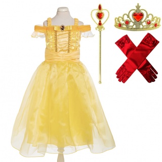 Voordeelpakket Belle jurk + kroon + staf + handschoenen rood (Prinsessenjurk.nl)