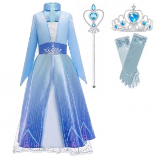 Voordeelpakket Frozen Elsa jurk sleep + kroon + staf + handschoenen (Prinsessenjurk.nl)
