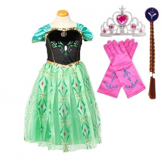 Voordeelpakket Frozen Anna jurk groen + 3 Frozen accessoires (Prinsessenjurk.nl)