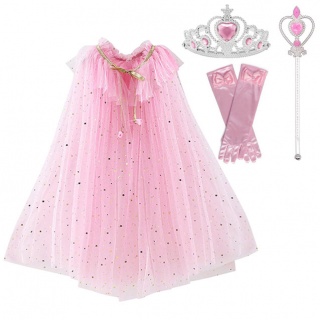 Voordeelpakket roze cape kind met staf, handschoenen en kroon (Prinsessenjurk.nl)