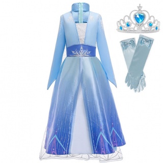 Voordeelpakket Frozen Elsa jurk sleep + kroon + handschoenen (Prinsessenjurk.nl)