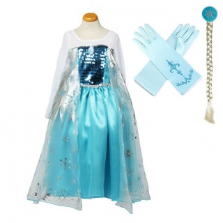 Voordeelpakket Frozen Elsa jurk + handschoenen + Frozen Elsa vlecht (Prinsessenjurk.nl)