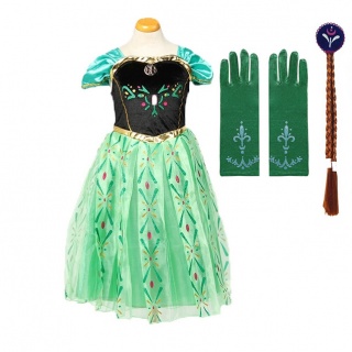 Voordeelpakket Frozen Anna jurk groen + 2 Frozen accessoires (Prinsessenjurk.nl)
