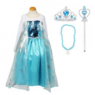 Voordeelpakket Frozen Elsa jurk + staf + kroon + Frozen ketting (Prinsessenjurk.nl)