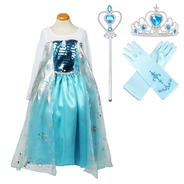 Voordeelpakket Frozen Elsa jurk + kroon + staf + Frozen handschoenen + vlecht - Prinsessenjurk.nl